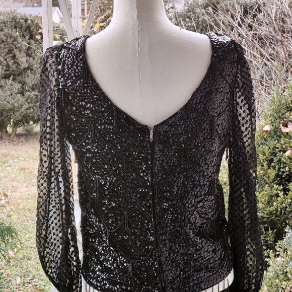 🤩BOGOFREE🤩 Size small 80s glam lace beads sequin long sleeve top - Picture 4 of 12